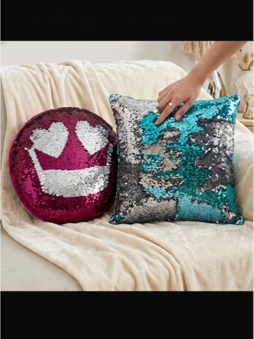 Reversible Sequin Emoji Pillow + Mermaid Sequin Throw Pillow Set Y2K Room Decor